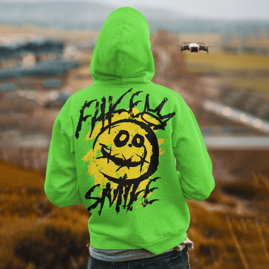 😐 Fake Smile Hoodie – Yellow & Green Street Grunge Edition