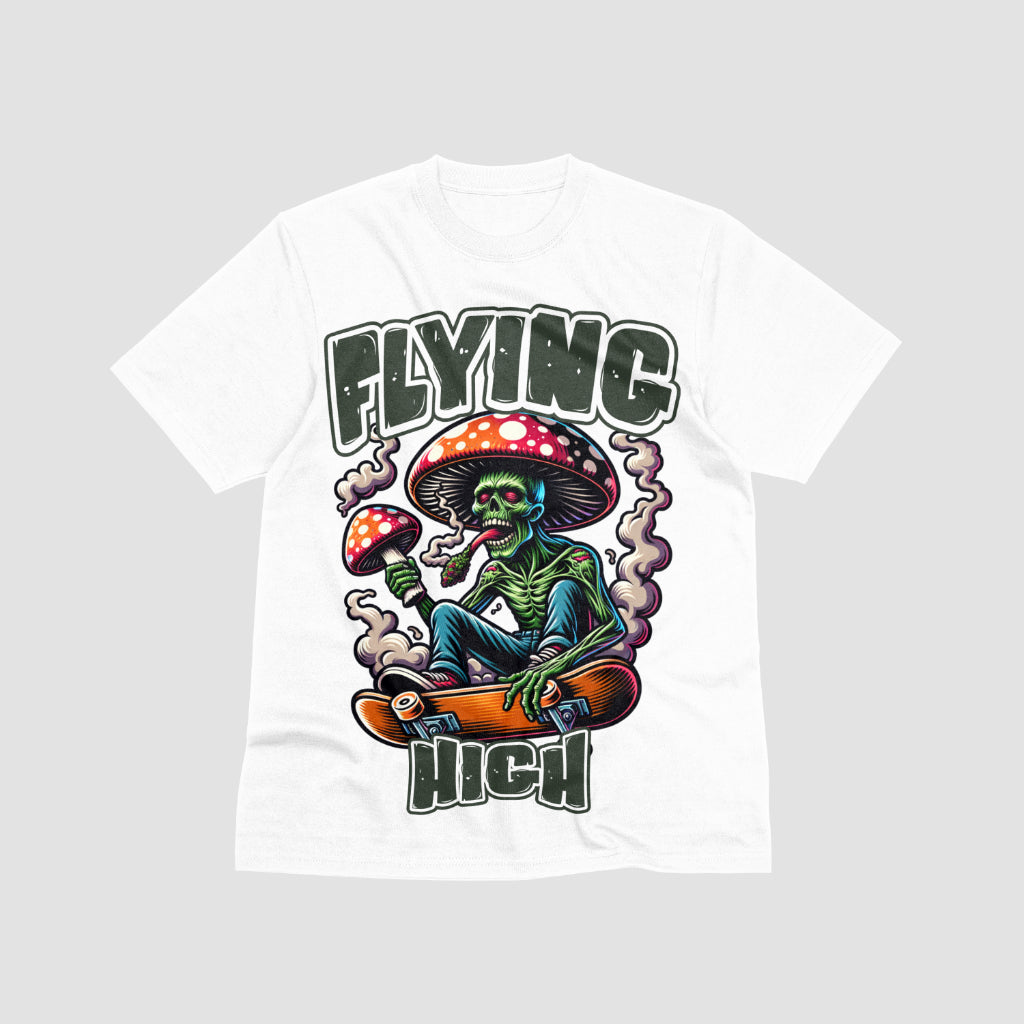 "Trippy skeleton graphic tee with psychedelic mushroom art design."